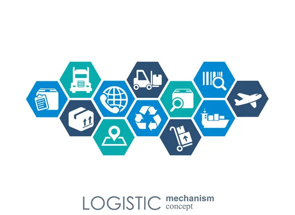 Logistieke mechanisme concept. distributie, levering, service, transport, logistiek, vervoer, markt concepten. Abstracte achtergrond met verbonden objecten. Vectorillustratie. — Stockvector