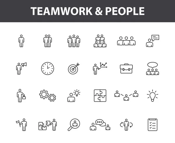 Uppsättning av 24 teamwork webb ikoner i linjestil. Team arbete, människor, support, affärer. Vektor illustration. — Stock vektor