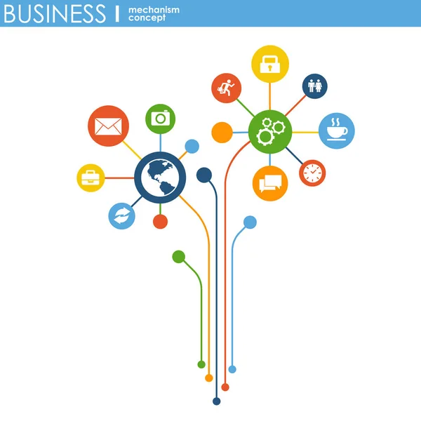 Geschäftsmechanismus-Konzept. abstrakter Hintergrund mit vernetzten Zahnrädern und Symbolen für Strategie, Service, Analytik, Forschung, SEO, digitales Marketing, Kommunikationskonzepte. Vektorinfografische Illustration — Stockvektor