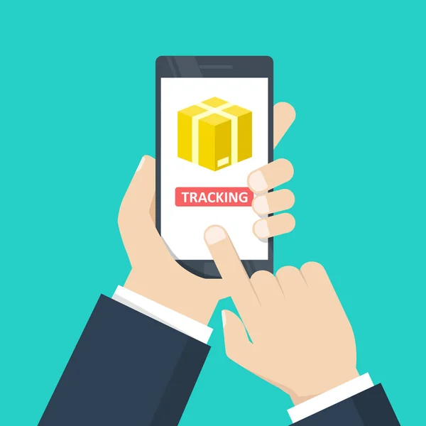 Tracking. Hand holding smartphone with cardboard box, tracking button on mobile phone screen. Modern flat design concepts. Vector illustration.