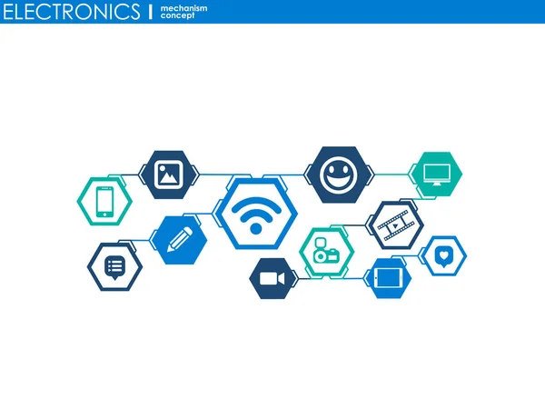 Mecanismo electrónico. Fondo abstracto con engranajes conectados e iconos planos integrados. Símbolos conectados para monitor, teléfono. Ilustración interactiva del vector . — Archivo Imágenes Vectoriales