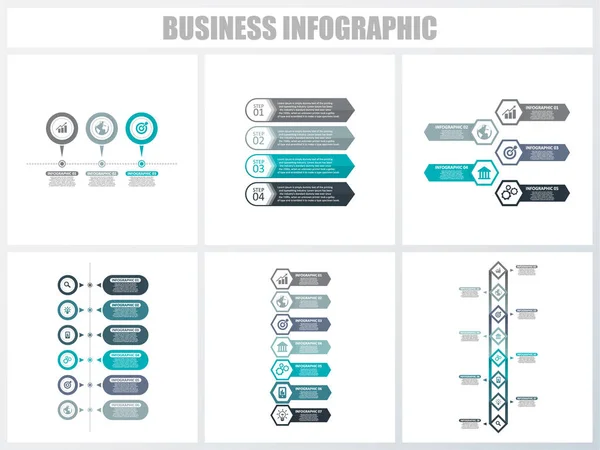 Infográficos abstratos opções de número modelo 3, 4, 5, 6, 7, 8. Ilustração vetorial. Pode ser usado para layout de fluxo de trabalho, diagrama, opções de passo de negócios de estratégia, banner e conjunto de design web . — Vetor de Stock