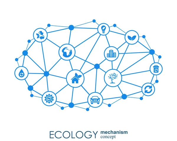 Ekologie mechanismus koncept. pozadí abstraktní s připojené zařízení a ikony pro ekologicky šetrné, energie, prostředí, zelená, recyklace, bio a globální koncepce. vektorový infographic ilustrace. — Stockový vektor