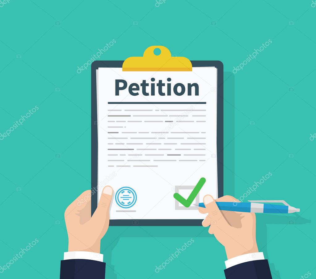 Petition concept. Man hold clipboard in hand writes Petition concept. Diagrams. Flat design, vector illustration on background.