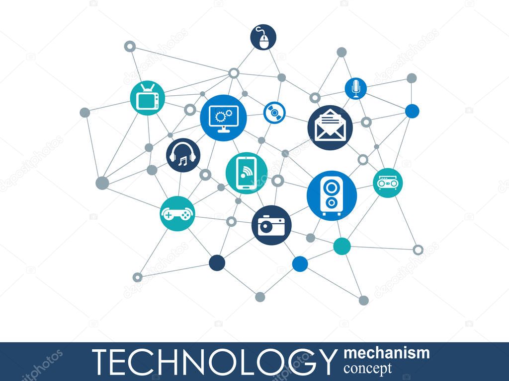 Technology mechanism concept. Abstract background with integrated gears and icons for digital, strategy, internet, network, connect, communicate, social media and global concepts. Vector infographic.