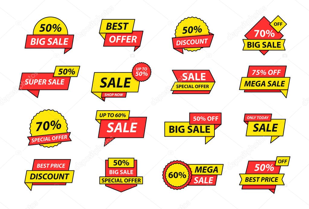 Sale tags collection. Special offer, big sale, discount, best price, mega sale banner set. Shop or online shopping. Sticker, badge, coupon, store. Vector Illustration.