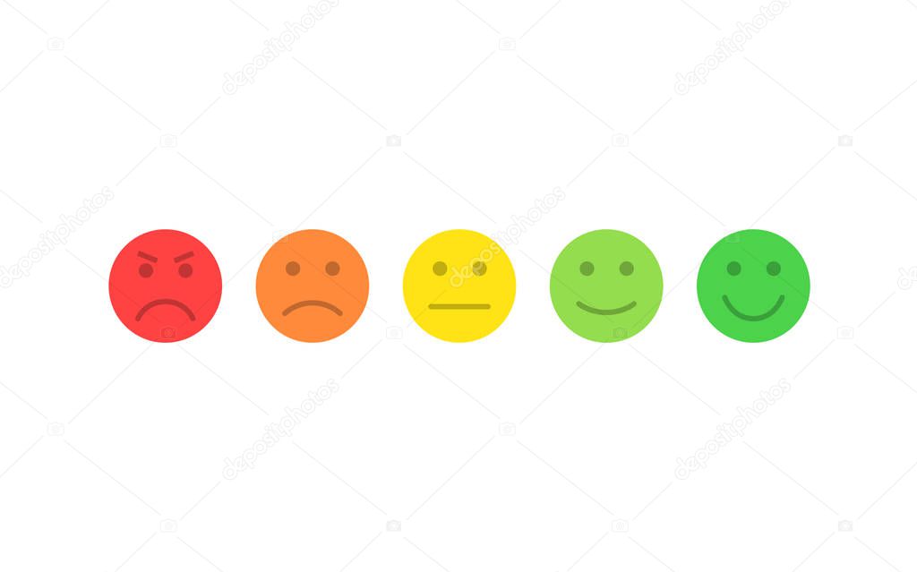 Feedback vector concept. Rank, level of satisfaction rating. Excellent, good, normal, bad awful. Feedback in form of emotions, smileys, emoji. User experience. Review of consumer.