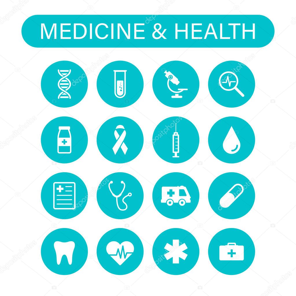 Set of 16 Medical and Health web icons in line style. Medicine and Health Care, RX, infographic. Vector illustration