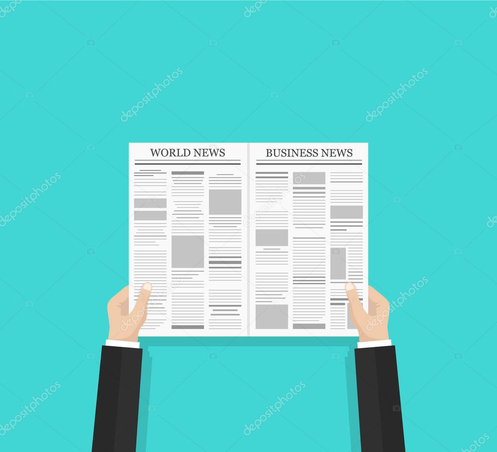 Daily business news and world news gazette concept. Opened newspaper in businessman hands. Flat style vector illustration isolated on green background.