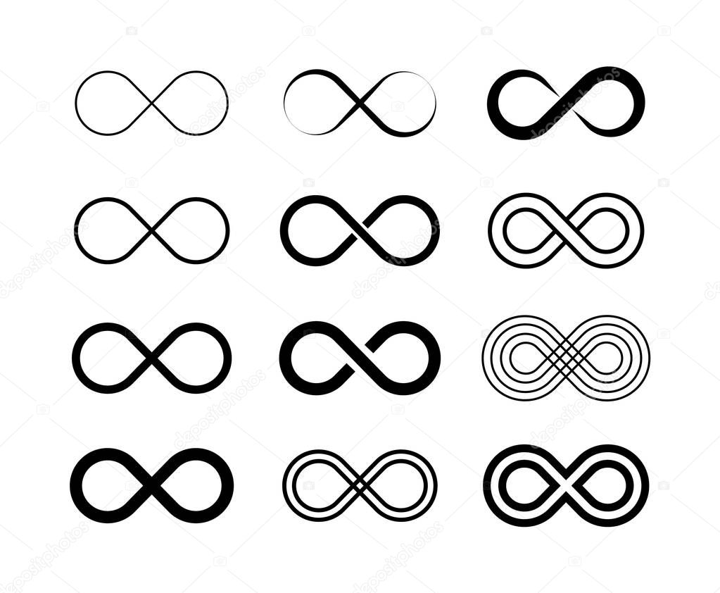 Infinity symbol big set. Unlimited infinity, endless, logos. Vector illustration.