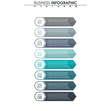 İş verileri, grafik. Grafiğin soyut öğeleri, 8 adımlı diyagram, strateji, seçenekler, parçalar veya süreçler. Sunu için vektör iş şablonu. Bilgi grafiği için yaratıcı konsept.