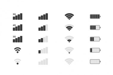 Hareket eden telefon sistem kutsal kişilerin resmi. WiFi sinyal gücü, pil şarj düzeyi. Vektör çizim.