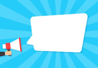 Megafon, düz vektör illüstrasyon arka plan tarafından ilan konuşma kabarcıkları.