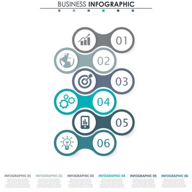 İş verileri, grafik. Grafiğin soyut öğeleri, 6 adımlı diyagram, strateji, seçenekler, parçalar veya süreçler. Sunu için vektör iş şablonu. Bilgi grafiği için yaratıcı konsept.