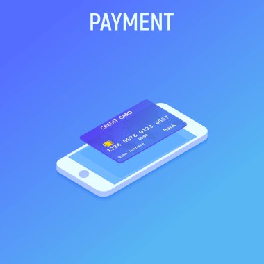 Akıllı telefon ve Cradit kartı. Nfc ödeme. İyometrik tarz. Vektör çizim arka planı.