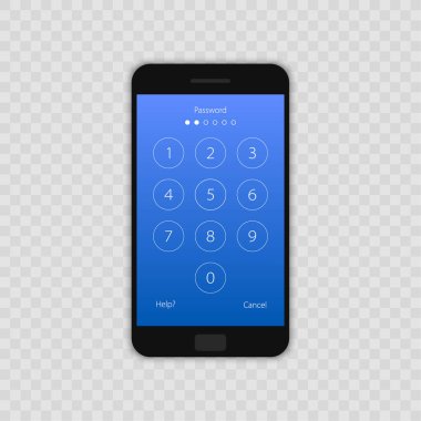 Giriş kodu arabirimi için kilit ekran, oturum açma veya parola sayfaları girin. Vektör telefon kimlik tanıma screenlock şifre veya lockscreen şifre numaraları ekran. Vektör çizim.