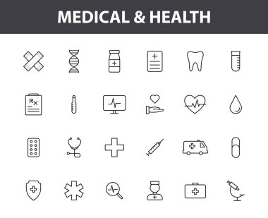 24 Tıbbi ve Sağlık web simgesi hizaya gelsin. Tıp ve Sağlık Hizmetleri, RX, bilgi. Vektör illüstrasyonu.