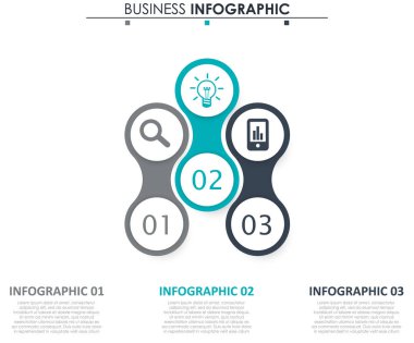 İş verileri, grafik. Grafiğin soyut öğeleri, 3 adımlı diyagram, strateji, seçenekler, parçalar veya süreçler. Sunu için vektör iş şablonu. Bilgi grafiği için yaratıcı konsept.