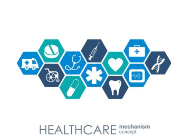 Sağlık mekanizması kavramı. Arka plan bağlı ve tıp, sağlık, strateji, bakım, tıp, ağ, sosyal medya ve genel kavramlar için simgeler. Vektör Infographic.