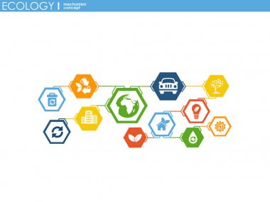 Elektronik mekanizma. Arka plan bağlı ve tümleşik düz simgeler. Bağlı sembolleri Monitor, telefon. Etkileşimli vektör çizim.
