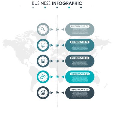 İş verileri, grafik. Grafiğin soyut öğeleri, 5 adımlı diyagram, strateji, seçenekler, parçalar veya süreçler. Sunu için vektör iş şablonu. Bilgi grafiği için yaratıcı konsept.
