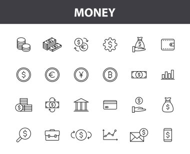 Satır stilinde 24 Para ve Finans web simgeleri ayarlayın. Para, dolar, ödeme, banka, nakit para. Vektör çizimi.