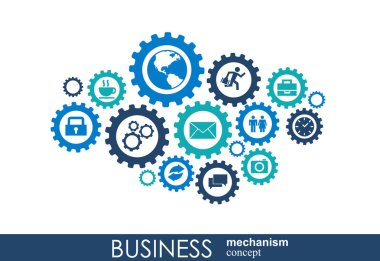iş mekanizması kavramı. arka plan bağlı ve simgeler için strateji, hizmet, analytics, araştırma, seo, dijital pazarlama, iletişim kavramları. vektör Infographic illüstrasyon