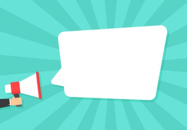 Megafon, düz vektör illüstrasyon arka plan tarafından ilan konuşma kabarcıkları.