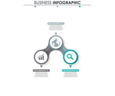 İş verileri, grafik. Grafiğin soyut öğeleri, 3 adımlı diyagram, strateji, seçenekler, parçalar veya süreçler. Sunu için vektör iş şablonu. Bilgi grafiği için yaratıcı konsept.