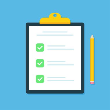 Denetim listesi simgesine sahip pano. Denetim listesi tam görevleri, yapılacaklar listesi, anket, sınav kavramları. En iyi kalite. Web için kontrol listesi simgesi olan panoya düz çizim. Vektör.