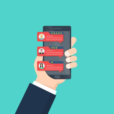 Müşteri inceleme derecelendirme mesajları ile Cep telefonu, akıllı telefon ekran ve online değerlendirmeleri veya müşteri referansları, geribildirim, derecelendirme yıldız düz karikatür tasarımı. Düz tasarım, vektör illüstrasyon.