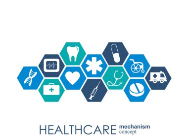 Sağlık mekanizması kavramı. Arka plan bağlı ve tıp, sağlık, strateji, bakım, tıp, ağ, sosyal medya ve genel kavramlar için simgeler. Vektör Infographic.