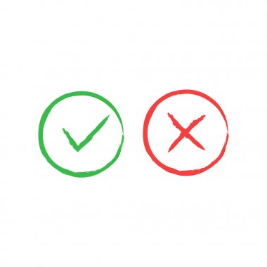 Kene Icon set. Şık onay işareti simgesini kırmızı ve yeşil renk, düz tasarım ayarla, arka plan illüstrasyon vektör.