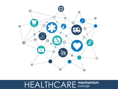 Sağlık mekanizması kavramı. Arka plan bağlı ve tıp, sağlık, strateji, bakım, tıp, ağ, sosyal medya ve genel kavramlar için simgeler. Vektör Infographic.