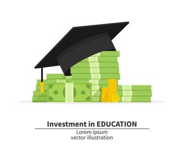 Para ve para yığınının mezuniyet şapkası. eğitim maliyetleri bir kez. Harcama eğitim para yatırım düz. Nakit çalış. Okul ücreti. Vergi. Ödeme. Vektör çizimi.