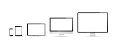 Elektronik cihazlar, dizüstü bilgisayarlı web tasarım şablonu, tablet, akıllı telefon, bilgisayar. Düz tasarım, arka planda vektör illüstrasyonu.
