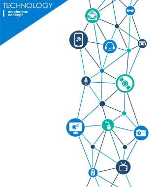 Teknoloji mekanizması kavramı. Arka plan entegre ve dijital, strateji, Internet, ağ için simgeler, bağlanmak, iletişim, sosyal medya ve genel kavramlar. Vektör Infographic.