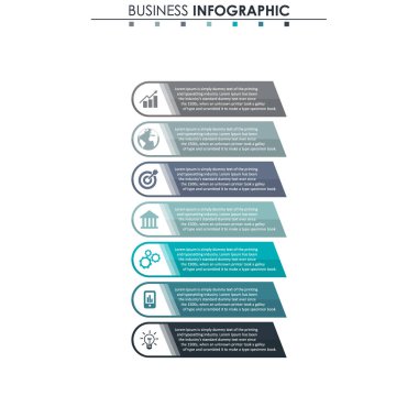 İş verileri, grafik. Grafiğin soyut öğeleri, 7 adımlı diyagram, strateji, seçenekler, parçalar veya süreçler. Sunu için vektör iş şablonu. Bilgi grafiği için yaratıcı konsept.