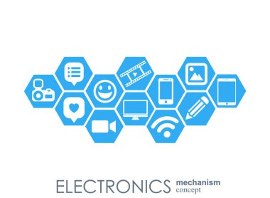 Elektronik mekanizma. Arka plan bağlı ve tümleşik düz simgeler. Bağlı sembolleri Monitor, telefon. Etkileşimli vektör çizim.