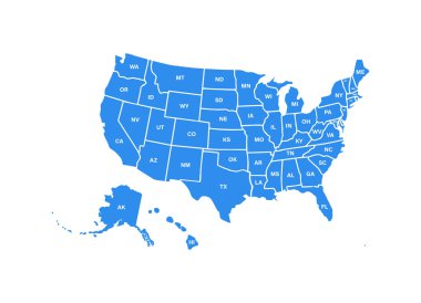 Beyaz arka planda izole edilmiş benzer ABD haritası. Amerika Birleşik Devletleri Birleşik Devletleri. Web sitesi, tasarım, kapak, bilgi grafikleri için vektör şablonu. Grafik illüstrasyonu.