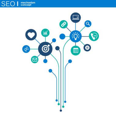 SEO mekanizması kavramı. Abstract entegre vites ve kutsal kişilerin resmi için strateji, dijital arka plan, internet, ağ, bağlanmak, analytics, sosyal medya ve genel kavramlar.