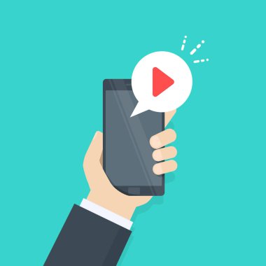 Akıllı telefon ekranında oynat düğmesini oynatın. Cep telefonundan video izleyin. Web afiş, web sitesi, infographics için Grafik kavramı. Vektör çizimi.