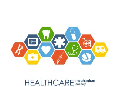 Sağlık mekanizması kavramı. Arka plan bağlı ve tıp, sağlık, strateji, bakım, tıp, ağ, sosyal medya ve genel kavramlar için simgeler. Vektör Infographic.