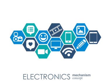 Elektronik mekanizma. Arka plan bağlı ve tümleşik düz simgeler. Bağlı sembolleri Monitor, telefon. Etkileşimli vektör çizim.