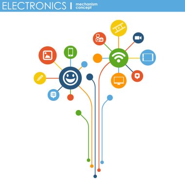 Elektronik mekanizma. Arka plan bağlı ve tümleşik düz simgeler. Bağlı sembolleri Monitor, telefon. Etkileşimli vektör çizim.