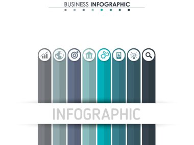 İş verileri, grafik. Grafiğin soyut öğeleri, 3,4,5,6,7,8 adımlı diyagram, strateji, seçenekler, parçalar veya süreçler. Sunu için vektör iş şablonu. Bilgi grafiği için yaratıcı konsept.