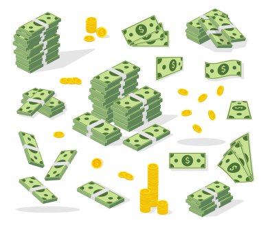 Çeşitli para lar ayarlayın. Bankacılık süreci. Banknot demetleri halinde paketlenmiş, banknotlar uçar, altın paralar. Düz vektör karikatür para illüstrasyon. Para nakit yığını, yığın ve yığın para.