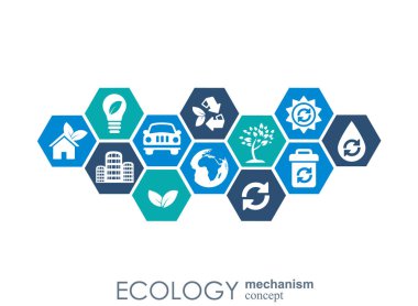 Ekoloji mekanizması kavramı. arka plan bağlı ve Çevre Dostu, enerji, çevre, yeşil, geri dönüşüm, biyo ve genel kavramlar için simgeler. vektör Infographic illüstrasyon.