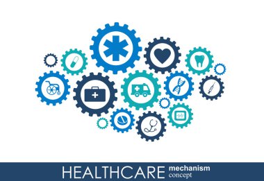 Sağlık mekanizması kavramı. Arka plan bağlı ve tıp, sağlık, strateji, bakım, tıp, ağ, sosyal medya ve genel kavramlar için simgeler. Vektör Infographic.
