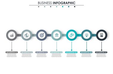 İş verileri, grafik. Grafiğin soyut öğeleri, 7 adımlı diyagram, strateji, seçenekler, parçalar veya süreçler. Sunu için vektör iş şablonu. Bilgi grafiği için yaratıcı konsept.
